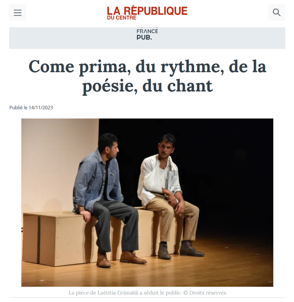 "Come Prima, du rythme, de la poésie, du chant". Article de "La république du centre" après la représentation du 12 novembre, à Briare (45).